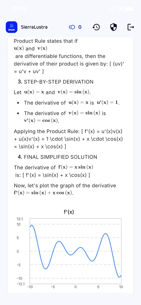 iMath showing a step-by-step answer and graph