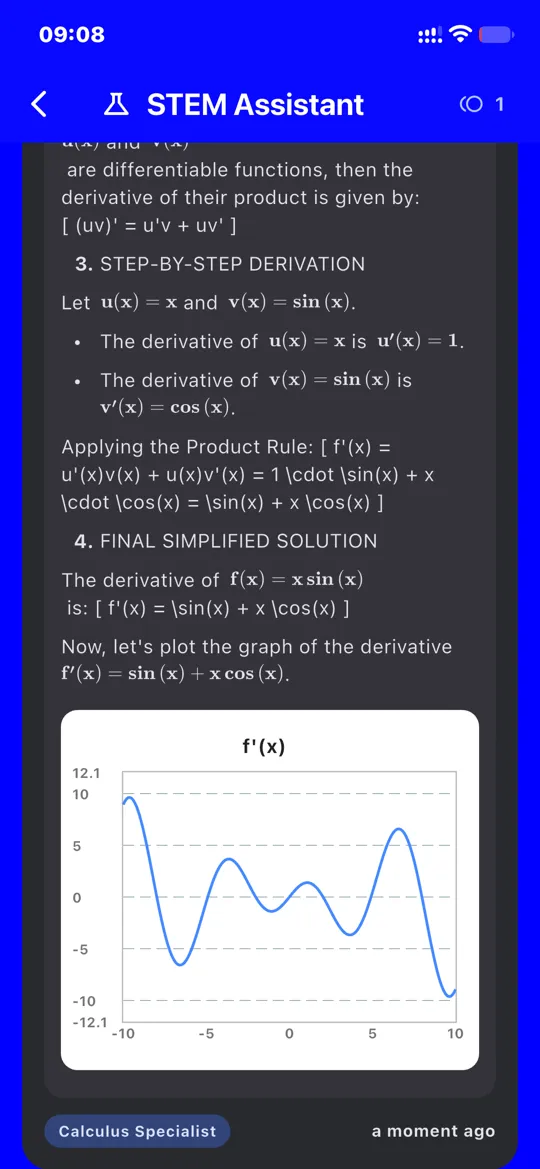 STEM Assistant with a worked derivative and graph
